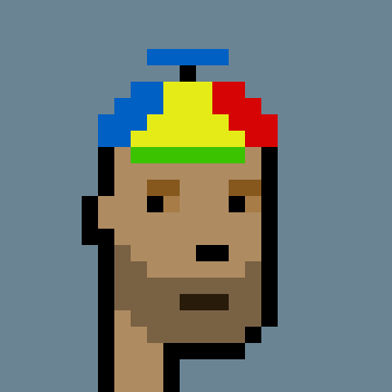 A pixel art portrait of a bearded character wearing a colorful beanie against a gray background.