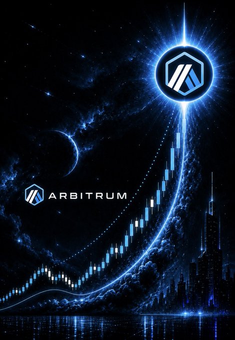 The image shows the Arbitrum ($ARB) logo prominently displayed against a dramatic cosmic backdrop with a rising candlestick chart ascending toward a glowing coin, visually emphasizing the token's price surge. The text "ARBITRUM" is clearly visible, and the bullish chart imagery aligns with the post's celebration of $ARB doubling in value within four days, tying its momentum to the Robinhood Chain ($HOOD) buzz.