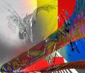 An abstract, colorful digital artwork featuring bold strokes of red, yellow, and blue.