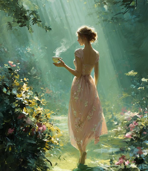 An impressionist-style painting of a woman in a flowing pink floral dress holding a steaming teacup in a sunlit garden surrounded by lush greenery and flowers.