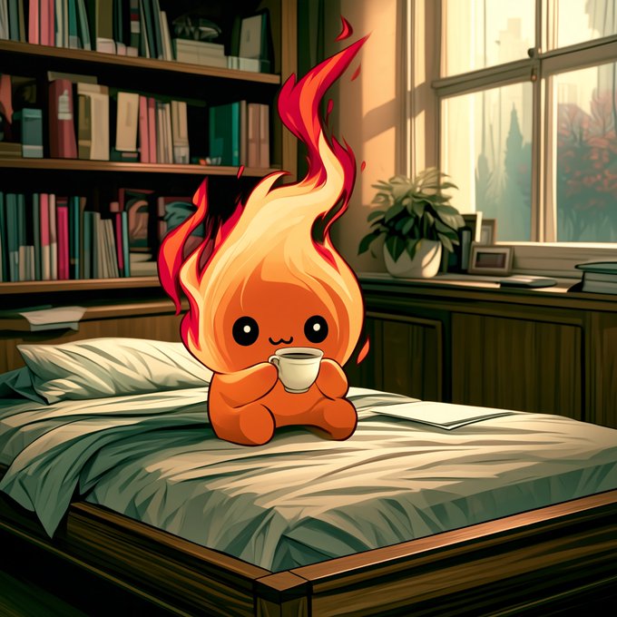 An anime-style illustration of a cute fire creature sitting on a bed in a library, holding a small white cup.