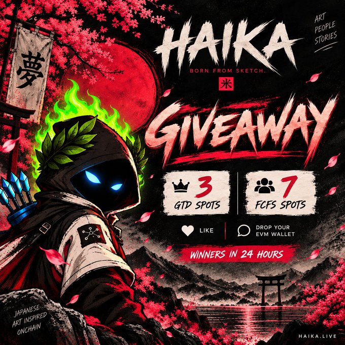 An anime-style promotional poster for 'HAIKA BORN FROM SKETCH' features a hooded character with glowing green flames and blue eyes, advertising a 'GIVEAWAY' with '3 GTD SPOTS' and '7 FCFS SPOTS' for 'WINNERS IN 24 HOURS.'