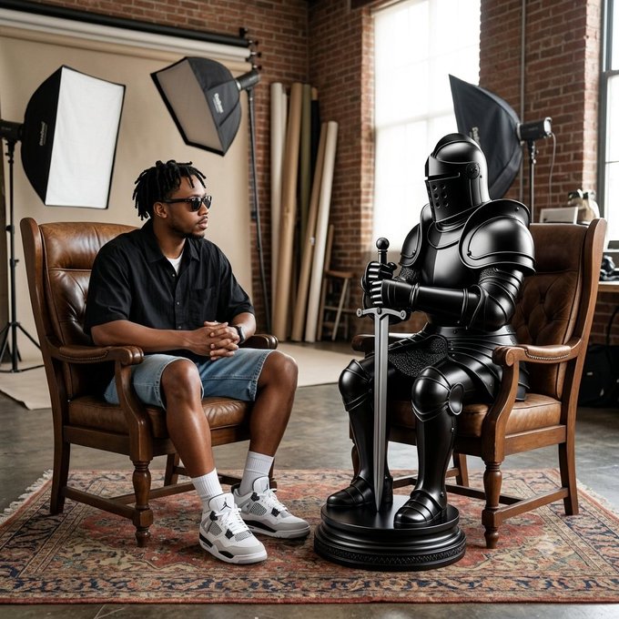 A young man wearing sunglasses sits in a leather chair across from a black knight armor figure holding a sword in what appears to be a photo studio setting.