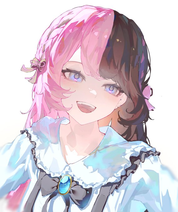 An anime-style illustration features a smiling girl with pink and dark brown hair adorned with small ribbons and flowers, wearing a white ruffled blouse with a dark bow and a blue gem brooch at the collar.