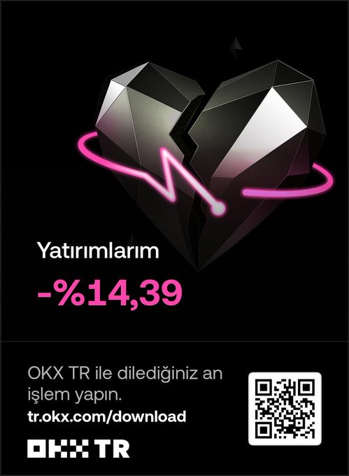 A promotional graphic from OKX TR featuring a cracked black heart with a pink heartbeat line, displaying 'Yatırımlarım -%14,39' (My Investments -14.39%) and a QR code linking to tr.okx.com/download.