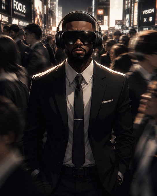 A stylized digital portrait of a bearded man wearing a black suit, tie, sunglasses, and headphones, standing in a blurred city street crowd, with billboard text including 'FOCUS' and 'VISION' visible in the background.