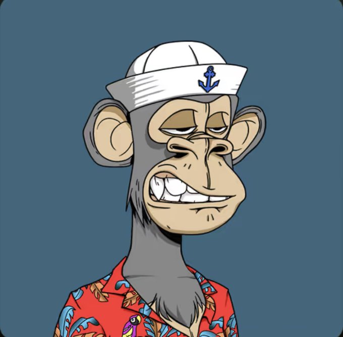 A digital illustration of a Bored Ape Yacht Club NFT character wearing a white sailor hat with an anchor symbol and a red Hawaiian shirt. The image represents BAYC #7556, as referenced in the post celebrating the one-year anniversary of acquiring the NFT.