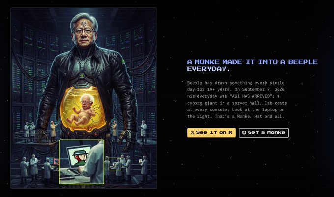 A digital artwork and news panel titled 'A MONKE MADE IT INTO A BEEPLE EVERYDAY.' The illustration depicts a man in a black leather coat with a glowing golden cyborg giant containing a baby on his chest in a server hall. A small inset shows Beeple drawing on a laptop, with buttons reading 'See it on X' and 'Get a Monke'.