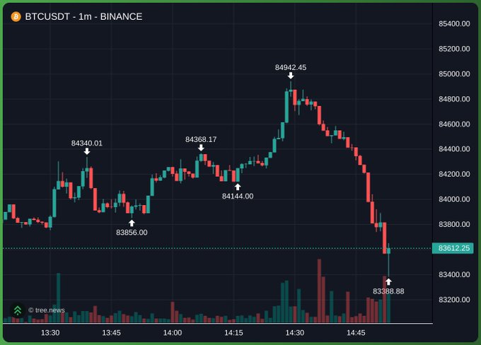 The image shows a 1-minute BTCUSDT candlestick chart from Binance, depicting Bitcoin's price action from 13:30 to 14:45, with a sharp drop from a peak of 84,942.45 to around 83,612.25. The bearish price movement and high selling volume at the recent dip visually reinforce the post's plea to stop selling, illustrating the panic-driven decline the author is reacting to.
