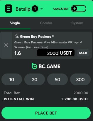 A BC.Game sports betting slip on a 'Betslip' interface, placing a 2000 USDT single bet on the Green Bay Packers to beat the Minnesota Vikings at 1.6 odds, with a potential win of 3,200.00 USDT.