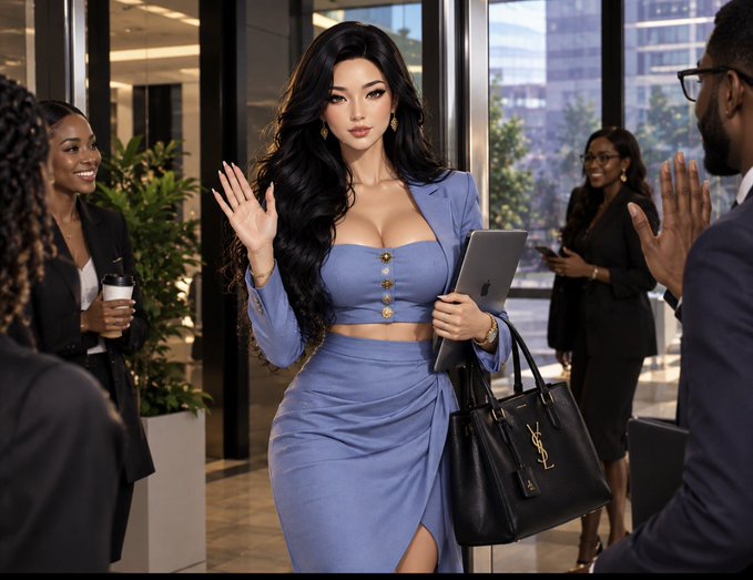 A woman in a blue crop top and matching skirt holds an iPad and a black YSL handbag while waving, standing in an office lobby with other people in the background.
