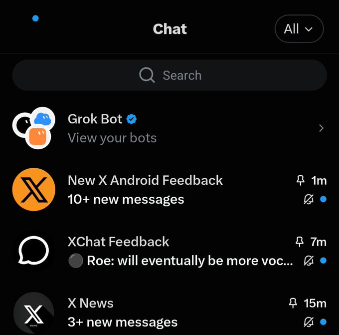 A dark-mode mobile chat interface showing a list including 'Grok Bot' (View your bots), 'New X Android Feedback' (10+ new messages), 'XChat Feedback' (Roe: will eventually be more voc...), and 'X News' (3+ new messages).