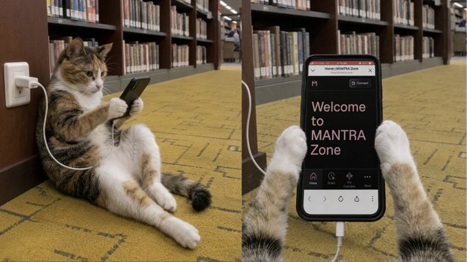 Two AI-generated images of a cat in a library: on the left, a cat sits against a bookshelf looking at the device while plugged into a wall outlet; on the right, the cat's paws hold a phone displaying 'Welcome to MANTRA Zone' while being charged.