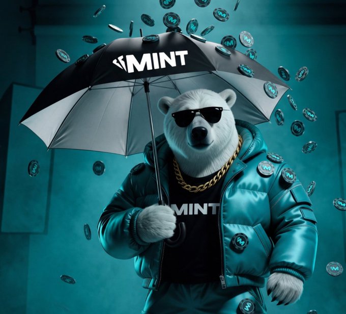 A 3D rendering of a white polar bear wearing sunglasses, a gold chain, and a teal puffer jacket, holding a 'MINT' branded umbrella surrounded by floating crypto tokens.