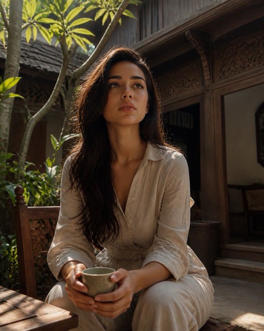 A woman with long dark hair wearing a beige linen shirt sits holding a ceramic cup in a sunlit tropical courtyard with wooden architecture and lush green plants.