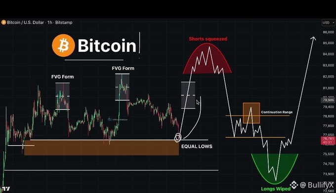 A Bitcoin/U.S. Dollar 1h Bitstamp chart from BullifyFX annotated with "FVG Form," "EQUAL LOWS," "Shorts squeezed," "Continuation Range," and "Longs Wiped," showing price action between roughly $73,600 and $86,000.