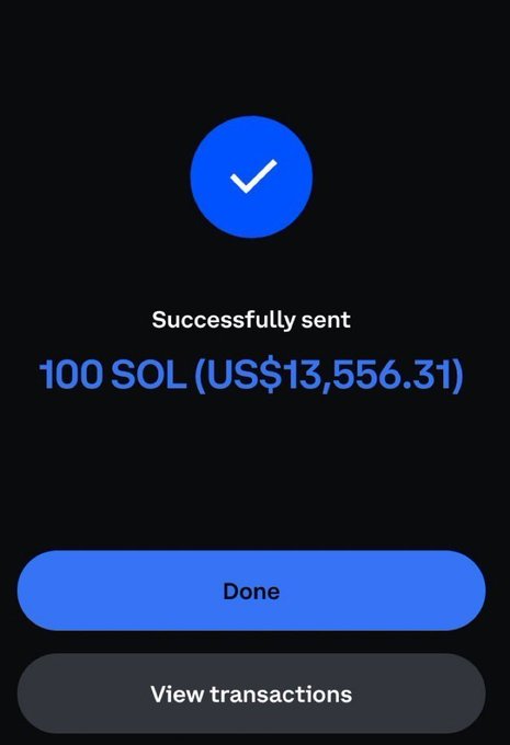 A confirmation screen shows "Successfully sent 100 SOL (US$13,556.31)" with a blue checkmark and buttons to "Done" or "View transactions." This image is presented as "proof" to support the post's giveaway claim, though the sender's address, transaction details, and recipient information are not visible, making the supposed giveaway impossible to verify.