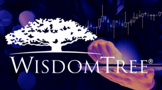 A WisdomTree logo featuring a white tree silhouette against a blue background with a hand and stock chart graphics.