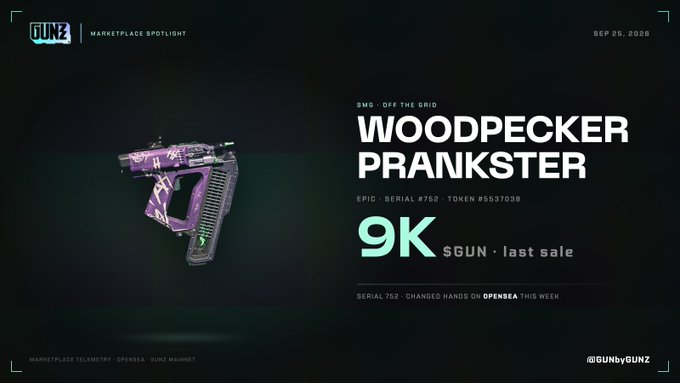 A Gunz Marketplace Spotlight ad dated Sep 25, 2026 features the 'Woodpecker Prankster' SMG skin, Epic-Serial #752, with a 9K $GUN last sale price.
