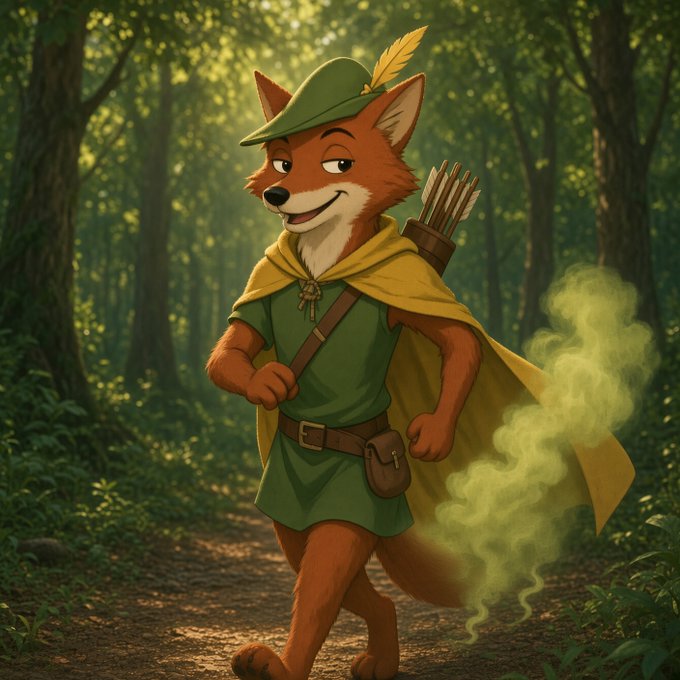 An illustration of a fox character dressed as Robin Hood, wearing a green tunic, yellow cape, and feathered hat, walking through a forest with a quiver of arrows and emitting a green misty trail.
