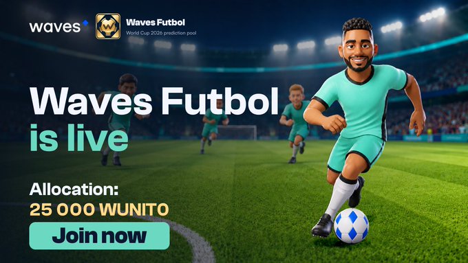 The image features a soccer player kicking a ball while wearing a green jersey with white stripes. The background of the image shows a stadium filled with people watching the game. Below this scene, there's an advertisement for a new campaign called "Waves Futbol is live". It encourages people to join and create posts about the project on social media platforms like Instagram or Twitter using the hashtag #wavesfutbol. The post also mentions that there are 25,000 WUNIT rewards available for those who participate in the campaign.