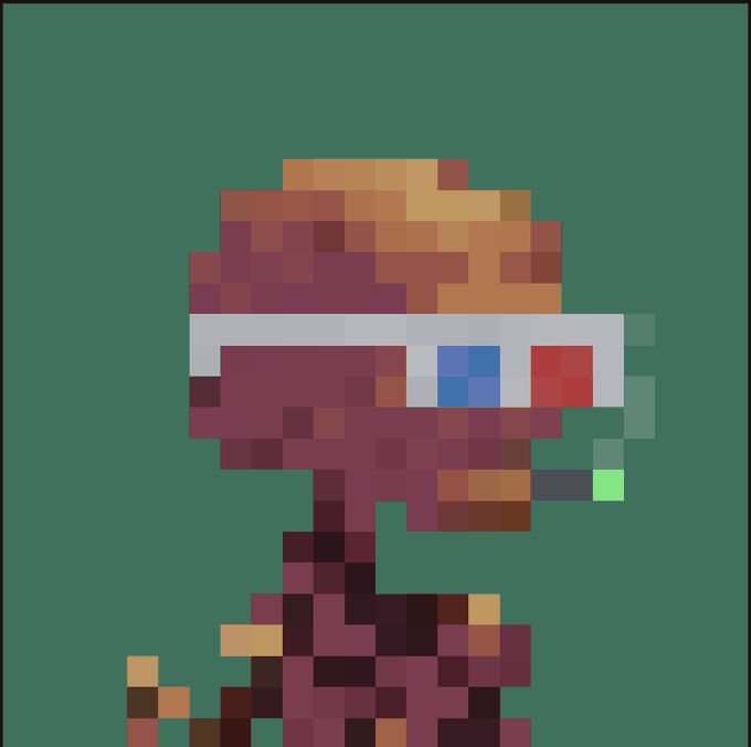 A pixel art image of a brown bear character wearing futuristic visor/goggles and smoking a cigarette against a green background.