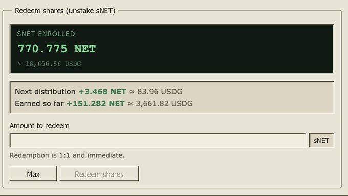 The image shows a "Redeem shares (unstake $NET)" interface with 770.775 $NET enrolled (≈18,656.86 USDG), a next distribution of +3.468 $NET and earnings of +151.282 $NET so far. It supports the post's "stake and chill" message by demonstrating the staking and redemption process for the $NET token, highlighting the staking rewards that users can earn while holding.
