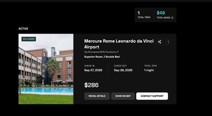 A booking interface showing a reservation for 'Mercure Rome Leonardo da Vinci Airport' for 1 night at $286, with $49 total saved.
