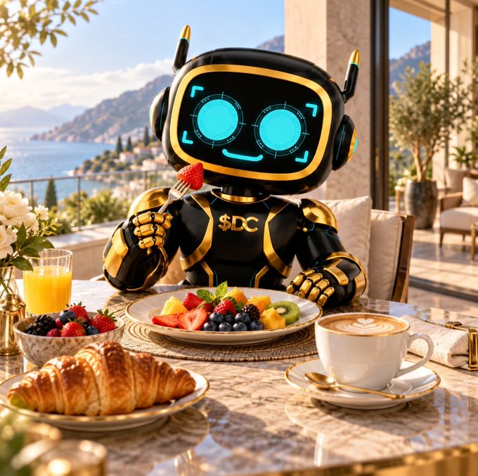 A black and gold robot with cyan digital eyes and '$DC' on its chest sits at a table with a croissant, coffee, fresh fruit, and juice, overlooking a coastal scene.
