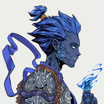 The image features an anime character with blue hair wearing a brown outfit that includes a helmet adorned with spikes. The character holds a blue object in their hand, possibly a sword or a magical item. The background of the image is white, which contrasts with the vibrant colors and intricate details of the character's attire and the object they are holding.