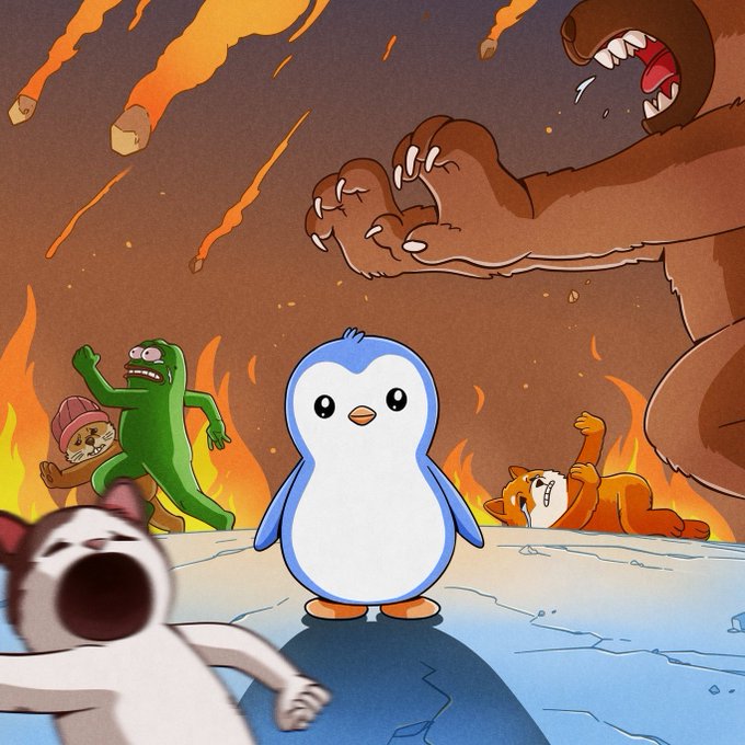 A cartoon illustration of a small penguin standing calmly amid a fiery apocalyptic scene, with screaming animals including a cat, frog, and bear reacting to falling meteors.