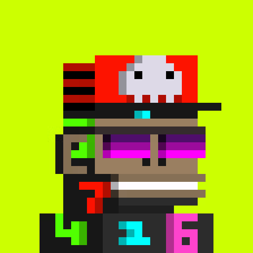 A colorful pixel art character with a skull motif on its hat, wearing purple sunglasses, displayed against a bright yellow-green background.