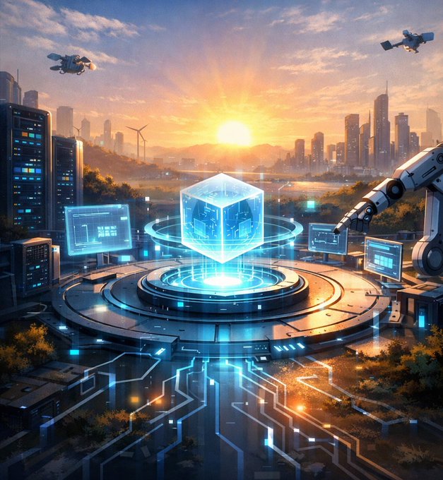 A futuristic sci-fi illustration depicting a glowing holographic cube at the center of a high-tech platform, surrounded by skyscrapers, drones, a robotic arm, and a sunset sky.