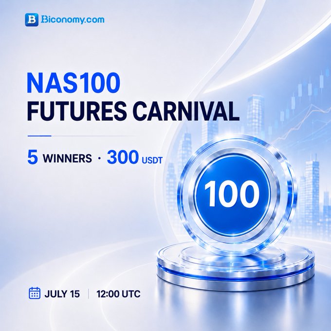 Promotional banner for Biconomy.com's "NAS100 Futures Carnival" giveaway, featuring a blue glowing "100" token on a futuristic podium against a city skyline with rising chart bars. Key details include 5 winners sharing 300 USDT, with the event scheduled for July 15 at 12:00 UTC.