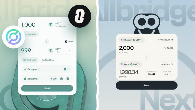 Two cryptocurrency wallet UIs shown side by side: an Unwallet interface with USDC and USDT swap options, and a Next wallet displaying balances of 2,000 USDT, 1,998.34 USDC on Ethereum and Solana.