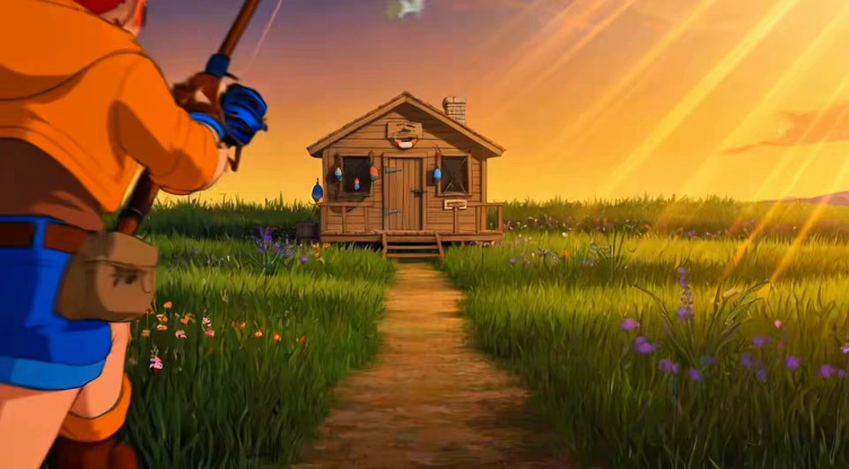 The image features a cartoon character, possibly a dog or a cat, standing outside of a small wooden house surrounded by a lush green field. The scene appears to be set during sunset, with warm hues illuminating the sky above the house. The character is holding a fishing rod in their paws and seems to be preparing for a fishing session. The image also includes text that reads "DOGE had one animal. One meme. One moment. Fishee has an entire ocean. Not points. Not fake tokens with zero utility. Real. Solana. And". This text is likely related to the cartoon character's name or some other aspect of their story, possibly involving fishing and a dog named Doge who loves spending time outdoors in the field near the house.