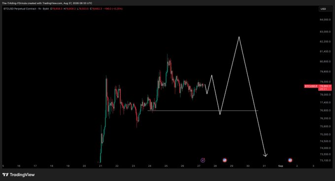 A TradingView chart of BTCUSD Perpetual Contract on Binance (1H timeframe) displays Bitcoin's price action between approximately $73,100 and $84,000, with a hand-drawn white projection showing an expected sharp spike upward toward $84,000 followed by a steep drop to around $73,500, visually illustrating the poster's outlook of a "dip and pump" pattern before a significant decline.