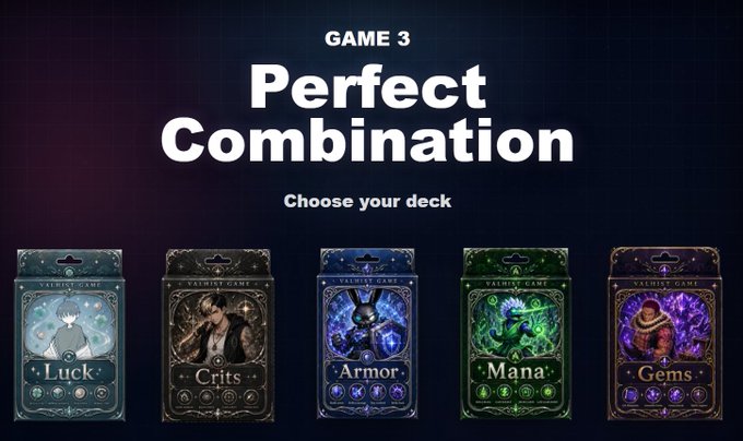 A video game screen titled "GAME 3 - Perfect Combination - Choose your deck" displaying five tarot-style cards labeled Luck, Crits, Armor, Mana, and Gems.
