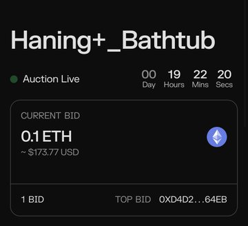 The image shows an auction for a bathtub that has been up for sale, with the current bid at 0.1eth. The auction is currently active from 20:19 to 22:20, and there are two bids: one for 0.13eth and another for 0.18eth. The auction is set to end in 19 hours, and the highest bid so far is 0.12eth.