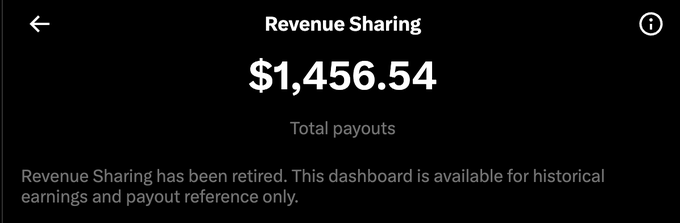 A mobile app screenshot showing a 'Revenue Sharing' dashboard displaying '$1,456.54' in 'Total payouts', with text stating 'Revenue Sharing has been retired. This dashboard is available for historical earnings and payout reference only.'