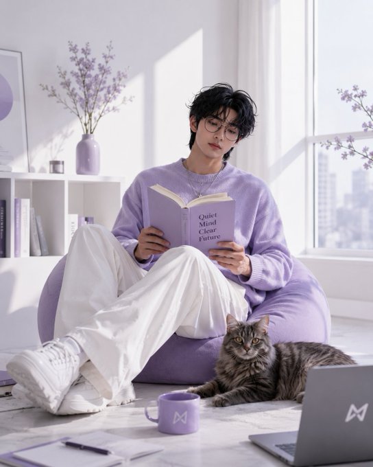 A young man with glasses relaxes on a lavender bean bag reading a purple book titled "Quiet Mind Clear Future," accompanied by his tabby cat, white sneakers, a matching purple mug, and an open laptop. The serene purple-toned scene, with soft lavender decor and natural light, perfectly complements the calm, peaceful start of a "Good morning family."