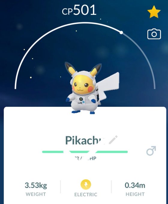 A screenshot from Pokémon GO showing a Pikachu character CP501 wearing a white astronaut/space suit costume, weighing 3.53kg and measuring 0.34m, classified as an Electric type.