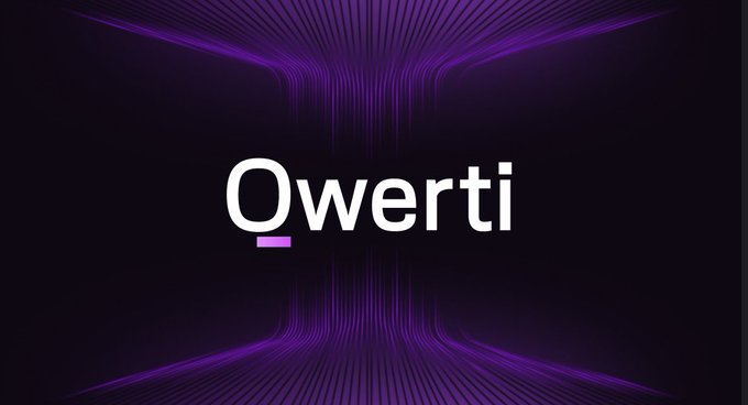 The image displays the text "Qwerti" in bold white font against a dark purple background featuring radiating light streaks. It serves as a branded visual introducing the Qwerti platform discussed in the post, which highlights the service's streamlined crypto purchasing process with zero fees and multiple payment options like bank cards, Apple Pay, and Google Pay.