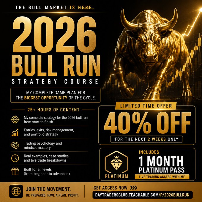 Promotional graphic for the "2026 Bull Run Strategy Course" by Day Traders Club, featuring a golden bull statue and announcing a limited-time 40% discount valid for 2 weeks, with the course including 25+ hours of content plus a 1-month Platinum Pass for live trading access at daytradersclub.teachable.com/p/2026bullrun.