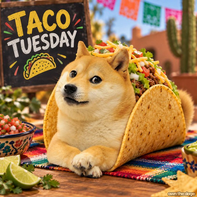 A cute Shiba Inu dog is humorously tucked inside a giant taco shell, with the chalkboard sign behind it reading "TACO TUESDAY," perfectly matching the festive "Happy Taco Tuesday" post.