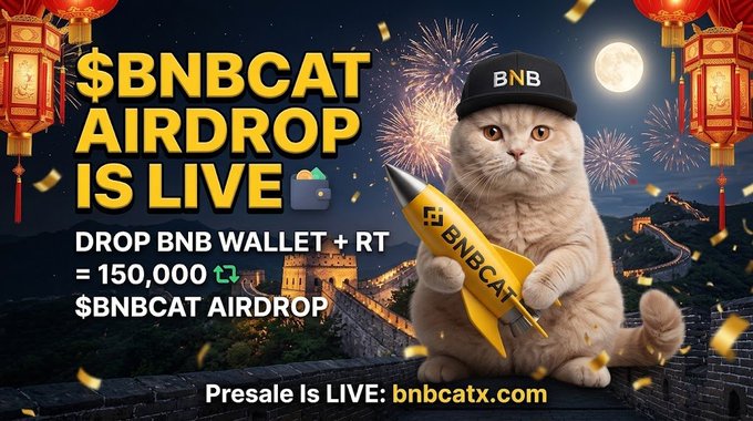 A promotional graphic featuring a cat in a BNB cap holding a rocket labeled "BNBCAT," with text announcing "$BNBCAT AIRDROP IS LIVE" and instructions to drop a BNB wallet and repost to receive 150,000 $BNBCAT tokens, tied to a Chinese New Year theme with lanterns, fireworks, and the Great Wall. The presale link "bnbcatx.com" is displayed, supporting the airdrop post's call for the first 888 wallets to participate.