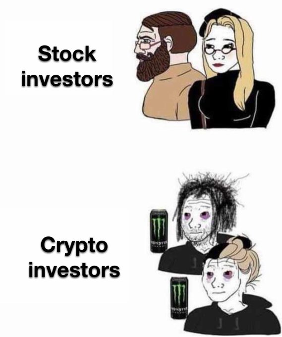 The meme contrasts two "chad" illustrations labeled "Stock investors" (depicted as a well-groomed man and woman) with "Crypto investors" (shown as disheveled, red-eyed figures holding Monster Energy cans), humorously suggesting that stock investors are put-together professionals while crypto investors are exhausted, jittery insomniacs—likely a jab at the 24/7 volatile nature of crypto markets.