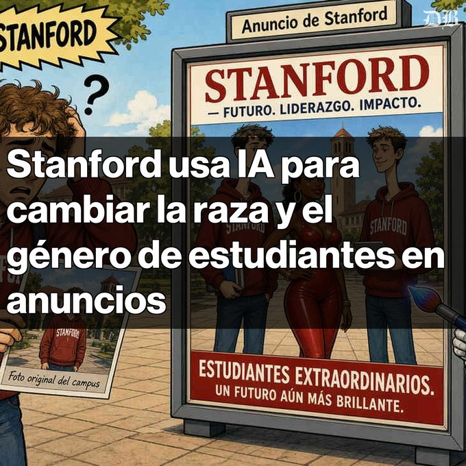 A cartoon depiction of a Stanford billboard altered by AI, with Spanish text overlay stating 'Stanford usa IA para cambiar la raza y el género de estudiantes en anuncios'.