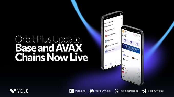 A promotional graphic for Velo announcing "Orbit Plus Update: Base and AVAX Chains Now Live," featuring two smartphones displaying the Orbit Plus wallet app interface against a dark background with blue neon accents, alongside Velo's branding and social media handles (velo.org, @veloprotocol) at the bottom.