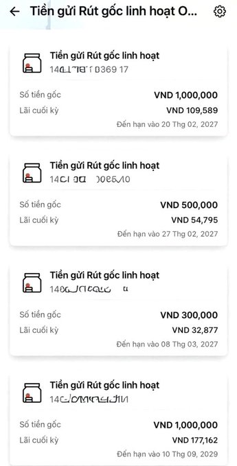 A mobile banking screenshot showing multiple flexible principal withdrawal savings accounts ('Tiền gửi Rút gốc linh hoạt') in Vietnamese Dong, with principal amounts ranging from 300,000 VND to 1,000,000 VND and varying maturity dates.